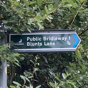 Photograph of a fingerpost indicating a bridleway, with hedgerow in background