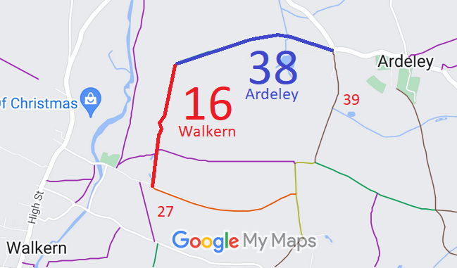 Map showing Walkern 16 restricted byway and Ardeley 38 bridleway