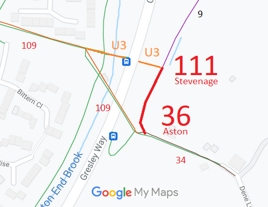 Map showing recorded Aston and Stevenage paths