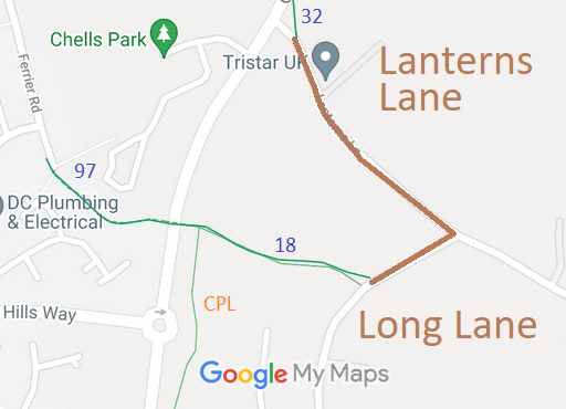Map showing Lanterns Lane and Long Lane, Aston