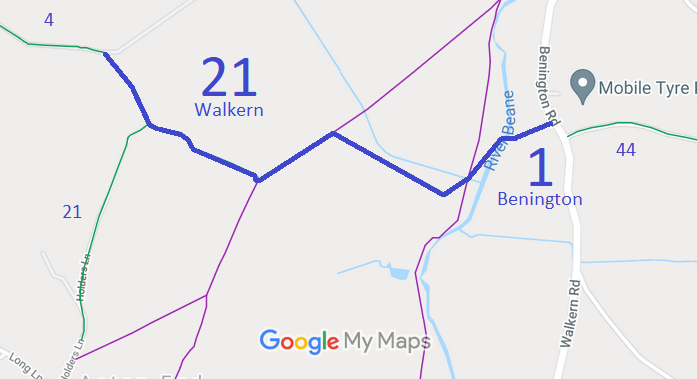 Map showing Benington 1 bridleway