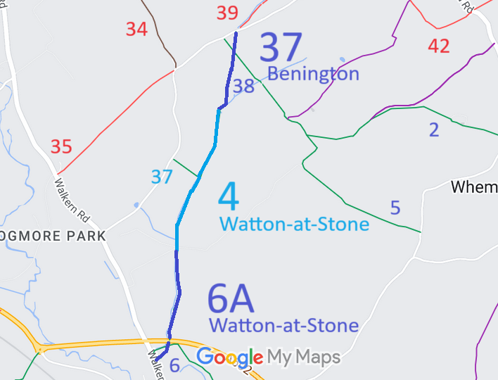 Map showing Watton-at-Stone 4 and 6A bridleway