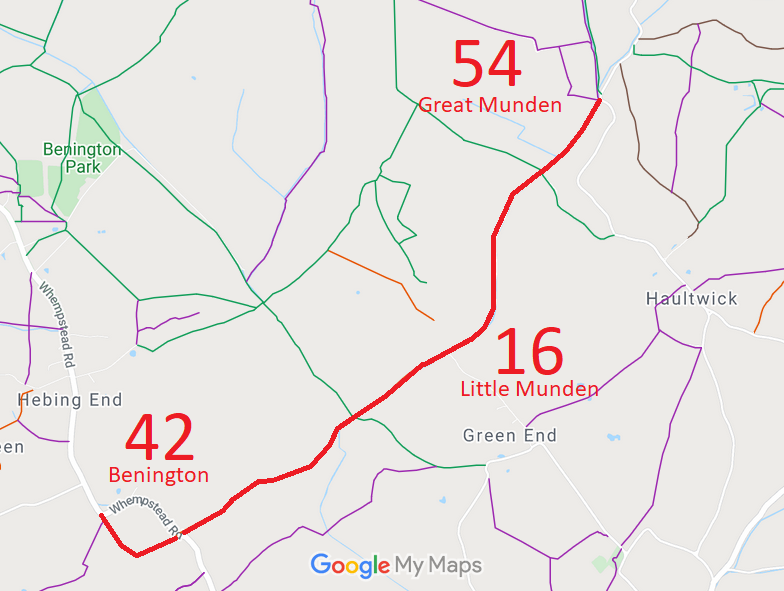 Map showing Great Munden 54 restricted byway