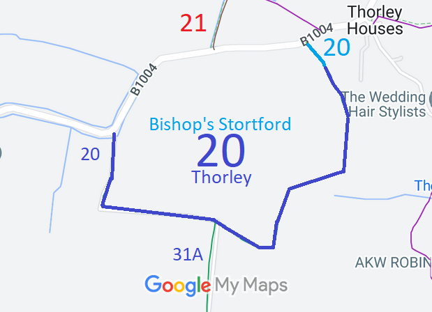 Map showing recorded Bishop's Stortford and Thorley paths
