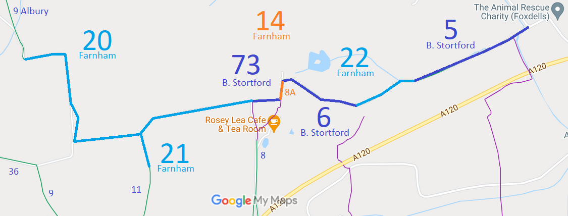 Map showing Bishop's Stortford bridleways by the county boundary
