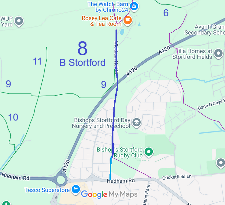 Map showing Bishop's Stortford bridleways