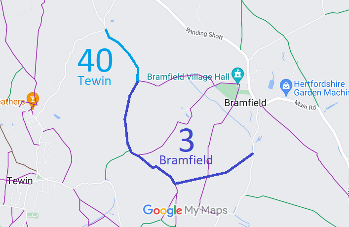 Map showing Tewin 40 and Bramfield 3