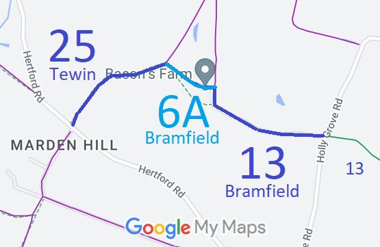 Map showing Tewin 25 and Bramfield 6A