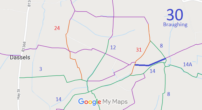 Map showing Braughing 30
