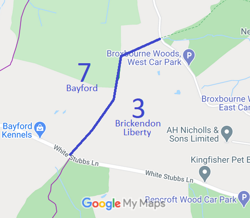 Map showing Bayford 7 and Brickendon Liberty 3