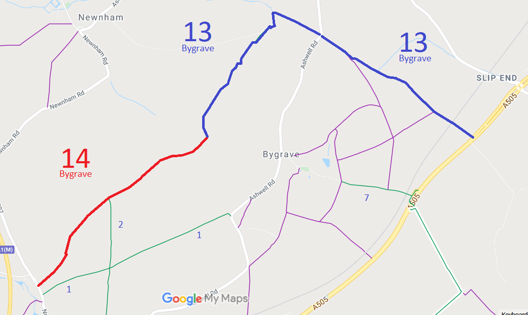 Map showing Bygrave 13 and 14