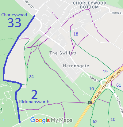 Map showing Chorleywood 33 and Rickmansworth 2