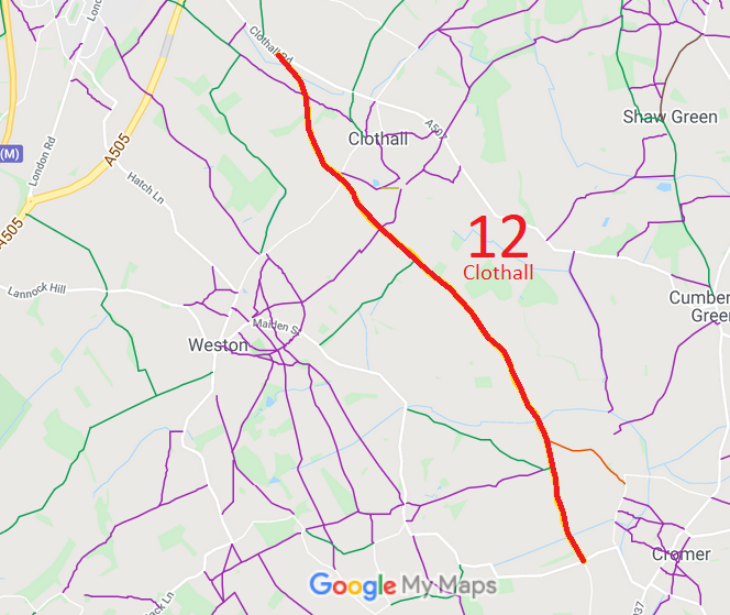 Map showing Weston 39 and Clothall 12