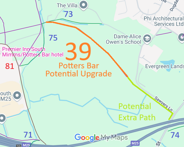 Map showing recorded Potters Bar and South Mimms paths