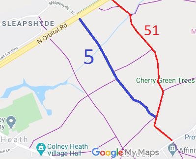 Map showing Colney Heath 5 bridleway
