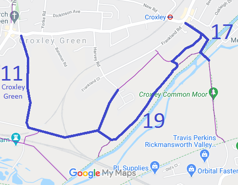Map showing Croxley Green 11, 17, 19 bridleways