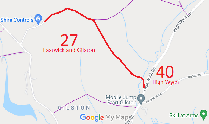 Map showing Eastwick and Gilston 27