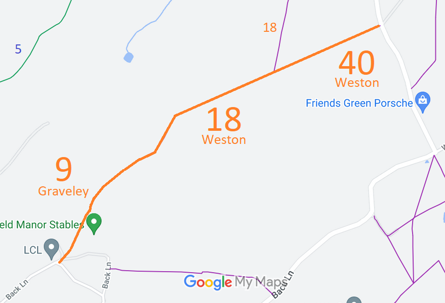 Map showing recorded Graveley and Weston paths