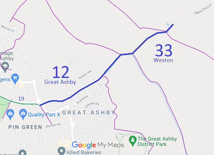 Map showing Weston 33 and Great Ashby 12