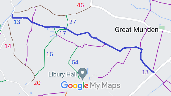 Map showing Great Munden 13 bridleway