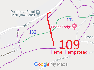 Map showing Hemel Hempstead 109 restricted byway