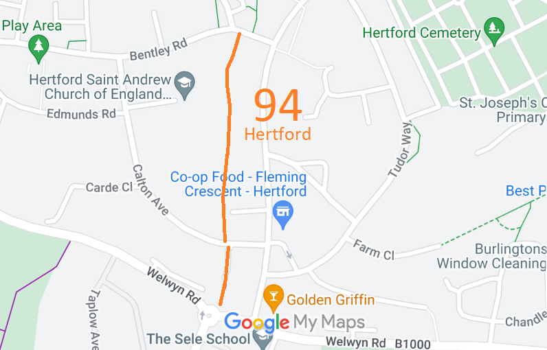Map showing recorded Hertford paths including main section of Hertford 94