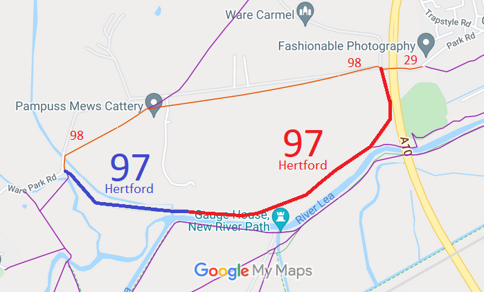 Map showing recorded Hertford paths