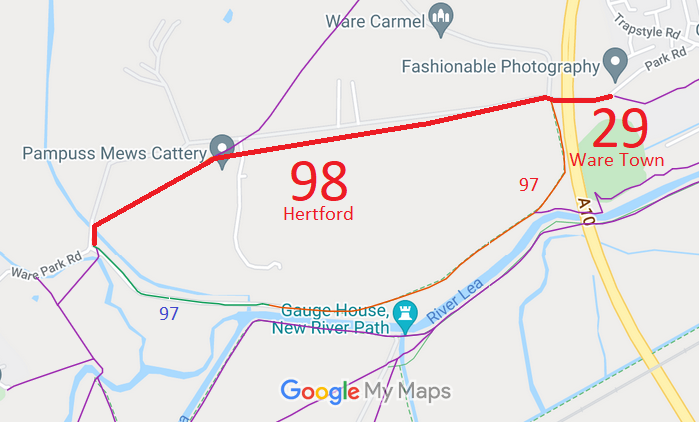 Map showing recorded Hertford and Ware Town paths