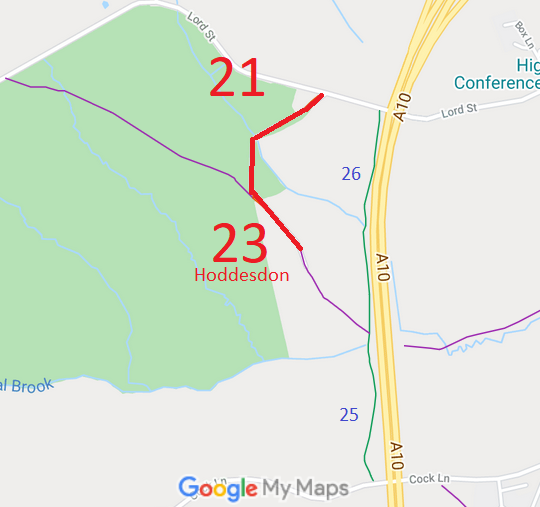 Map showing Hoddesdon 21 and 23