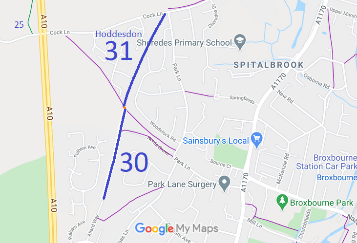 Map showing Hoddesdon 30 and 31