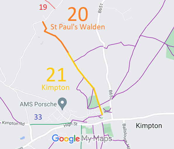Map showing recorded Kimpton and St Paul's Walden paths
