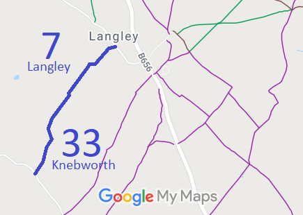 Map showing Knebworth 33 and Langley 7
