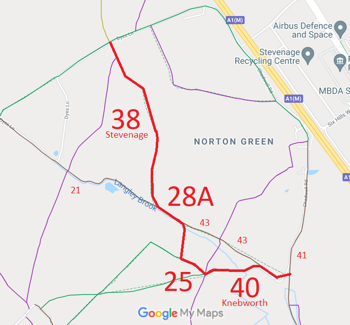 Map showing Knebworth 25, 28A, 40
