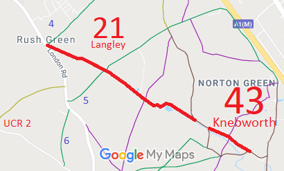 Map showing Knebworth 43 and Langley 21