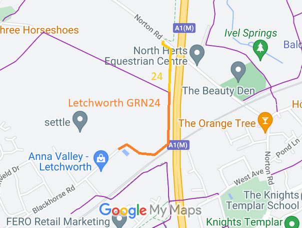 Map showing Letchworth GRN 24 riding route