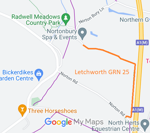 Map showing Letchworth GRN 25 riding route