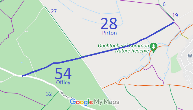 Map showing Pirton 28 and Offley 54 bridleway