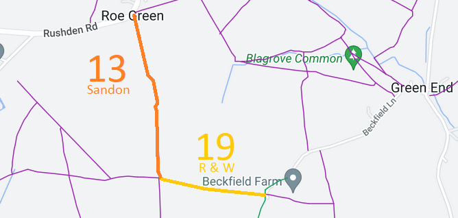 Map showing recorded Rushden and Wallington and Sandon paths