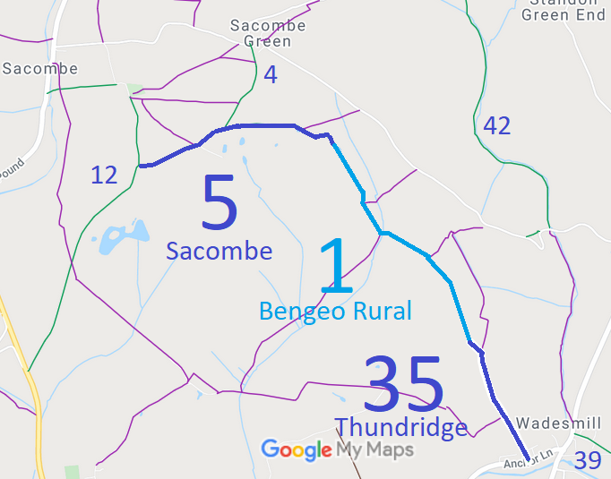 Map showing Bengeo Rural 1 and Sacombe 5