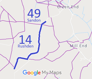 Map showing Rushden and Wallington 14 and Sandon 49 bridleway