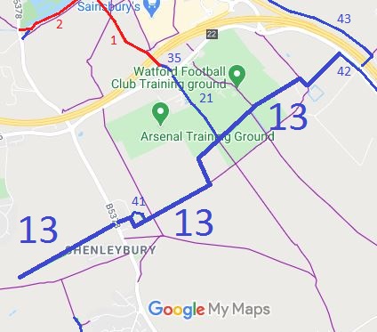 Map showing Shenley 13 bridleway