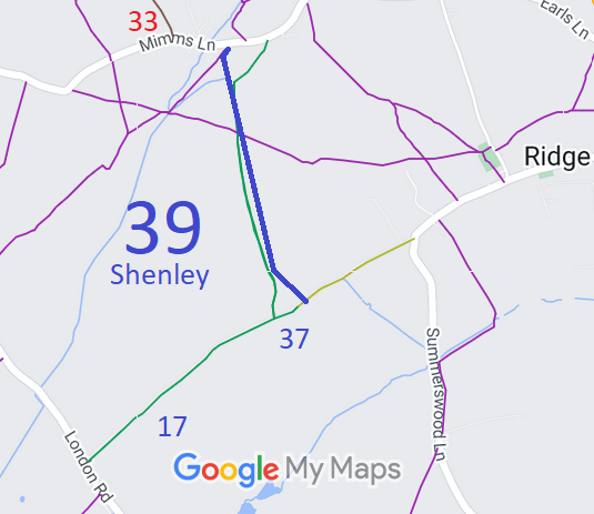 Map showing Shenley 39 and Ridge 39 bridleways