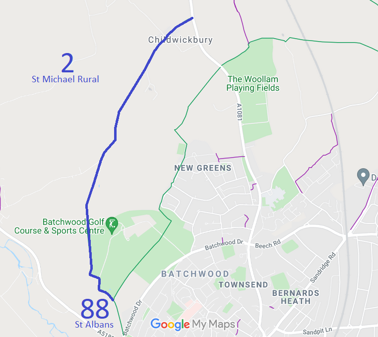 Map showing St Albans City 88 bridleway