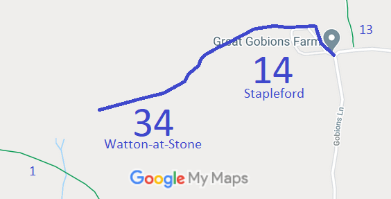 Map showing Watton-at-Stone 34 bridleway