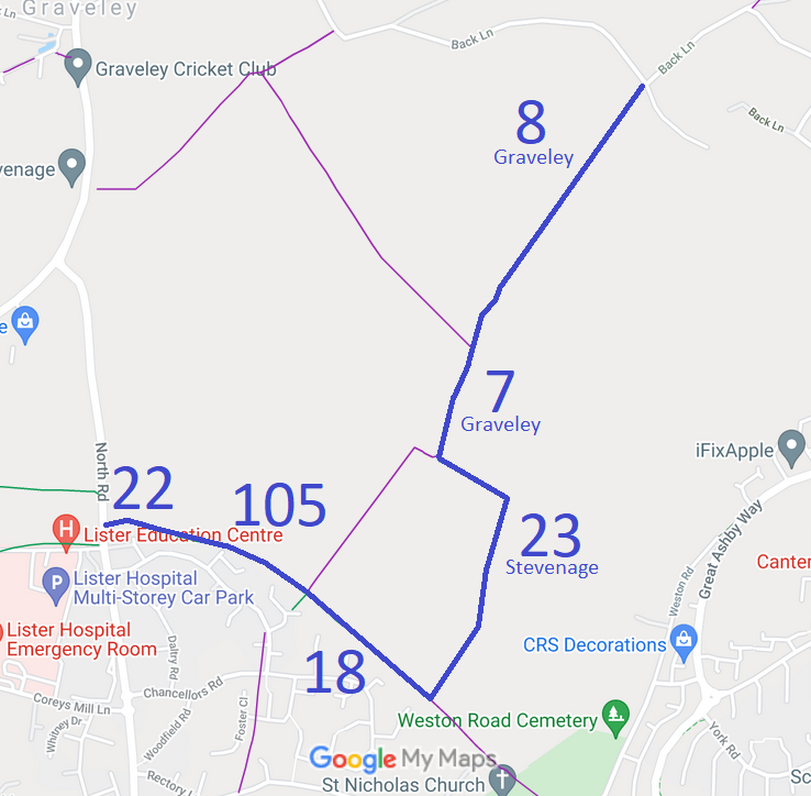 Map showing Graveley 7 and 8 and Stevenage 22 bridleway