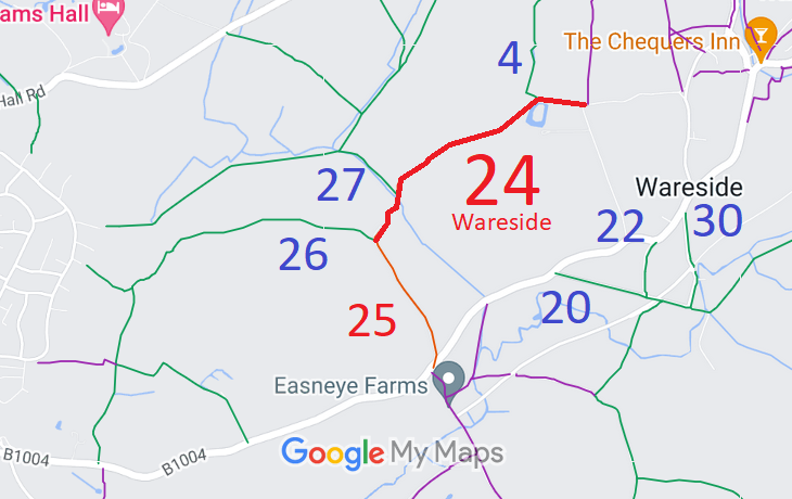Map showing recorded Wareside paths