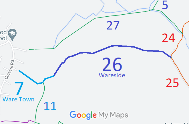 Map showing recorded Wareside and Ware Town paths