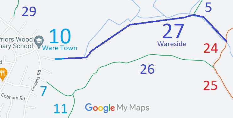 Map showing recorded Wareside and Ware Town paths