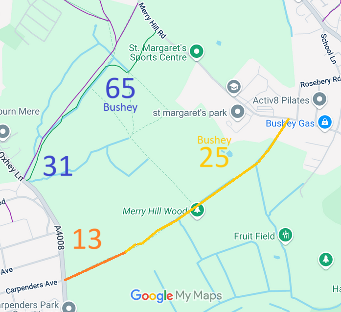 Map showing recorded Bushey and Watford Rural paths